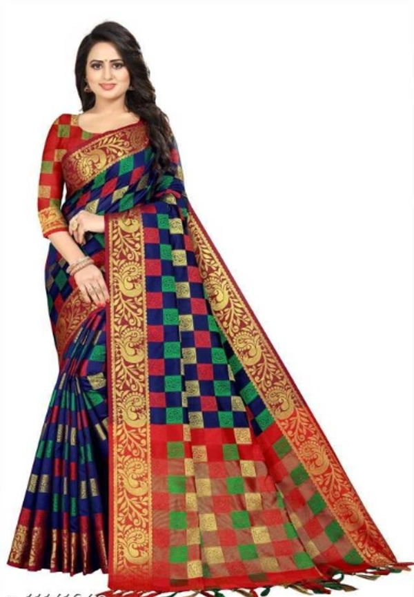 ADRIKA  Banarasi Silk  Saree With Banarsi Silk Separate Blouse Piece - Blue/ Red, Banarasi Silk, Pack of 1, Free Size
